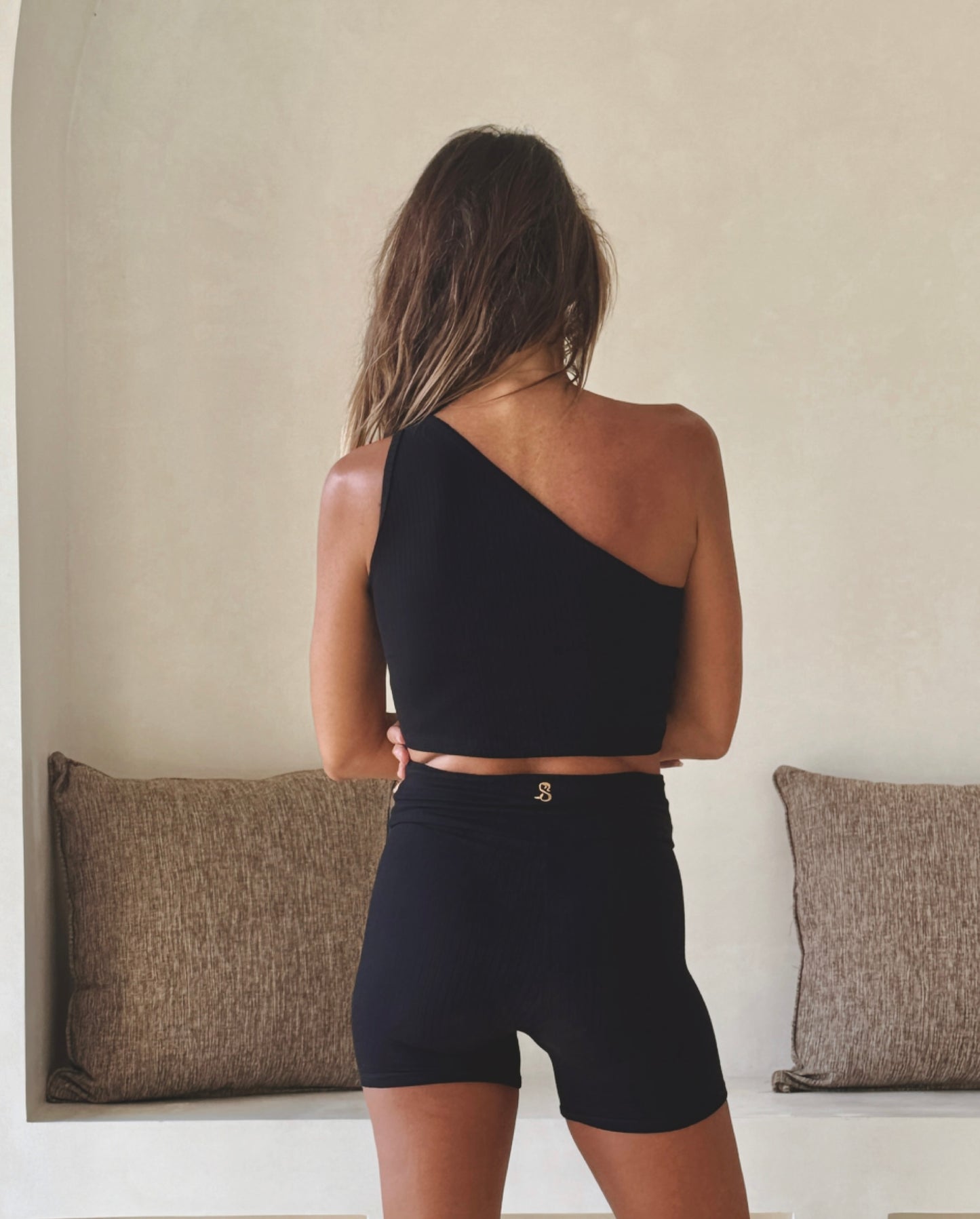 Ribbed Ecovero™ Bamboo Black One-shoulder Top
