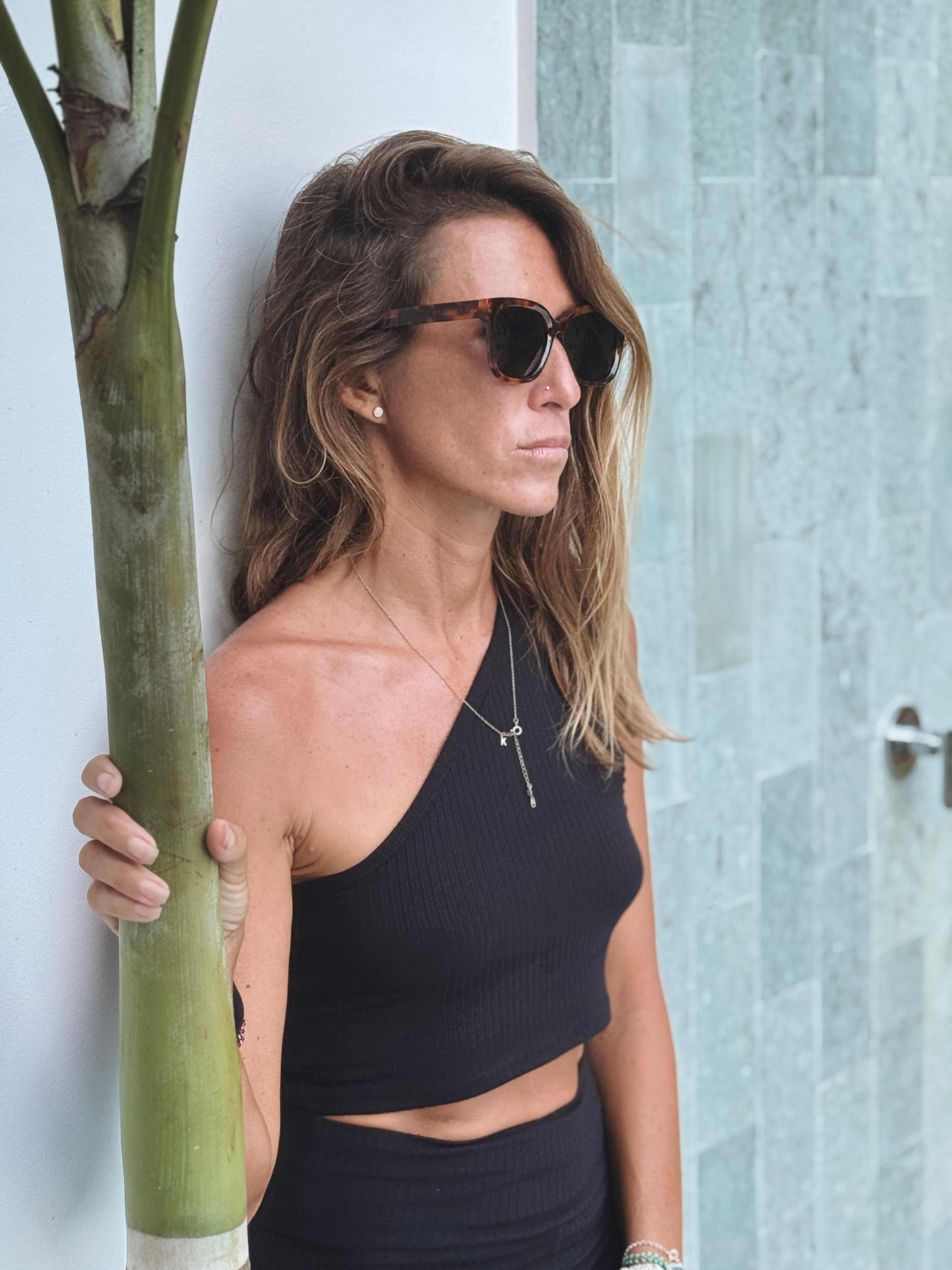 Ribbed Ecovero™ Bamboo Black One-shoulder Top